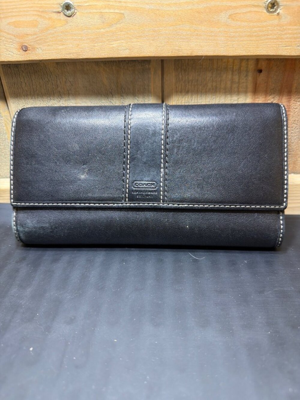 Coach Black Leather Clutch Wallet Removable Insert Purple Interior Womens Good